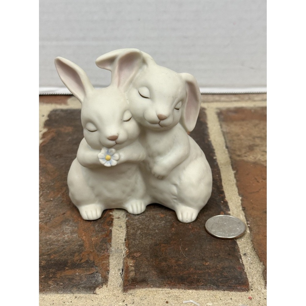 Vintage 1990 Homco Ceramic Bunnies "He Loves Me" Hugging Rabbits Signed Figurine